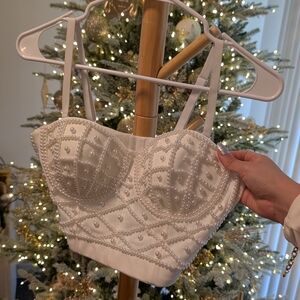 Elegant Pearl-Embellished White Bustier